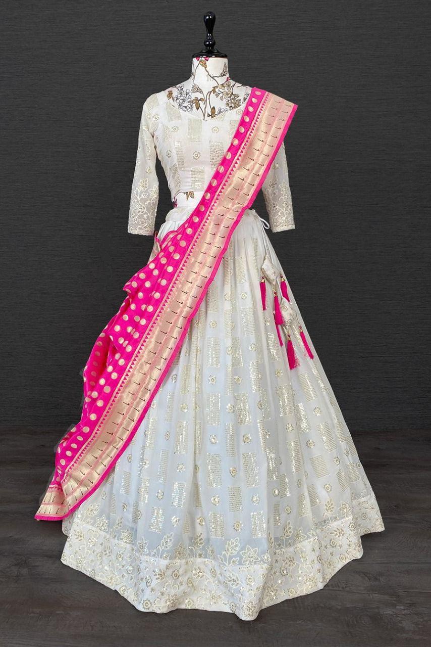 White-Pink Georgette Embroidered Lehnga