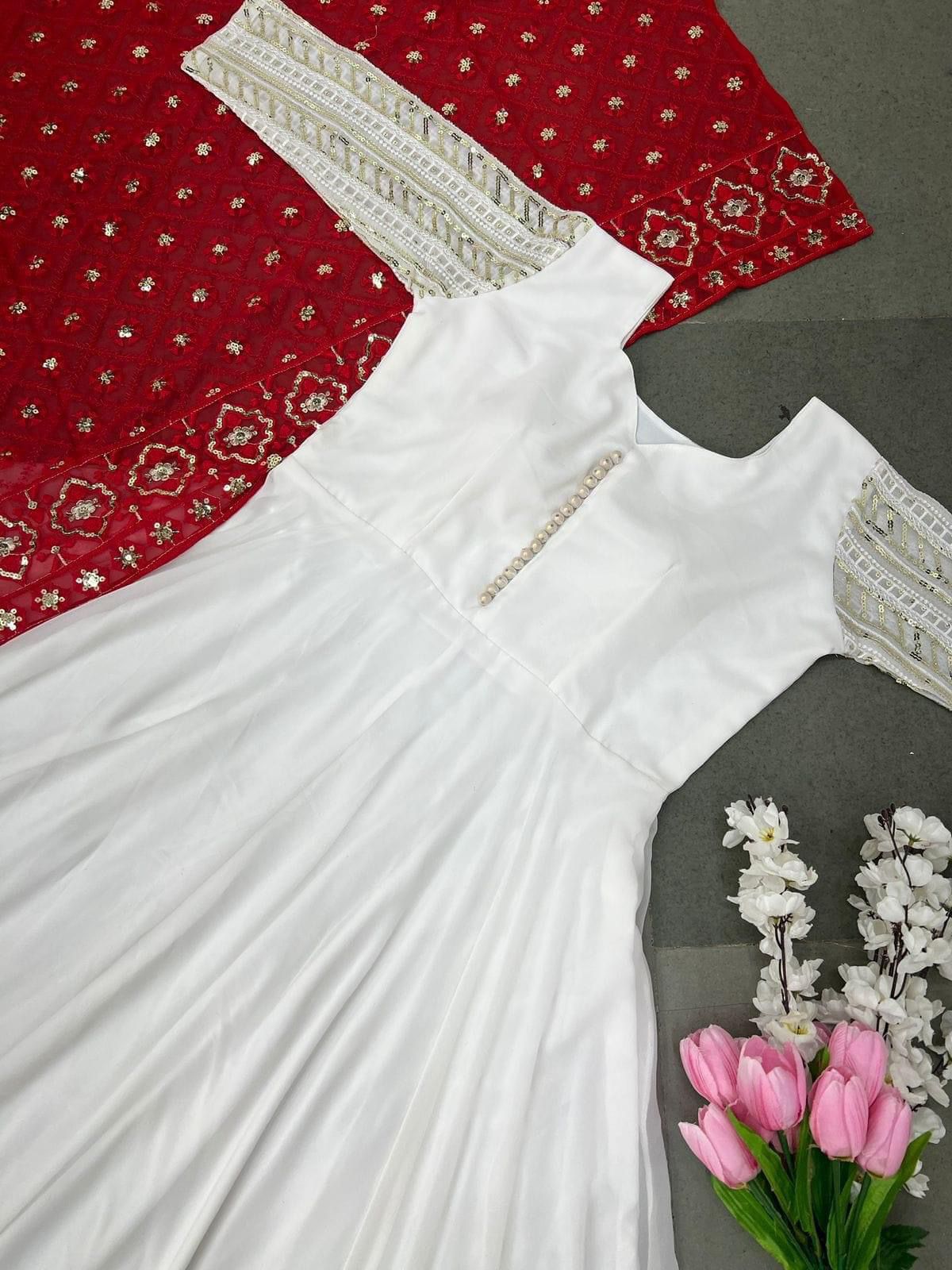 White-Red Georgette Embroidered Gown