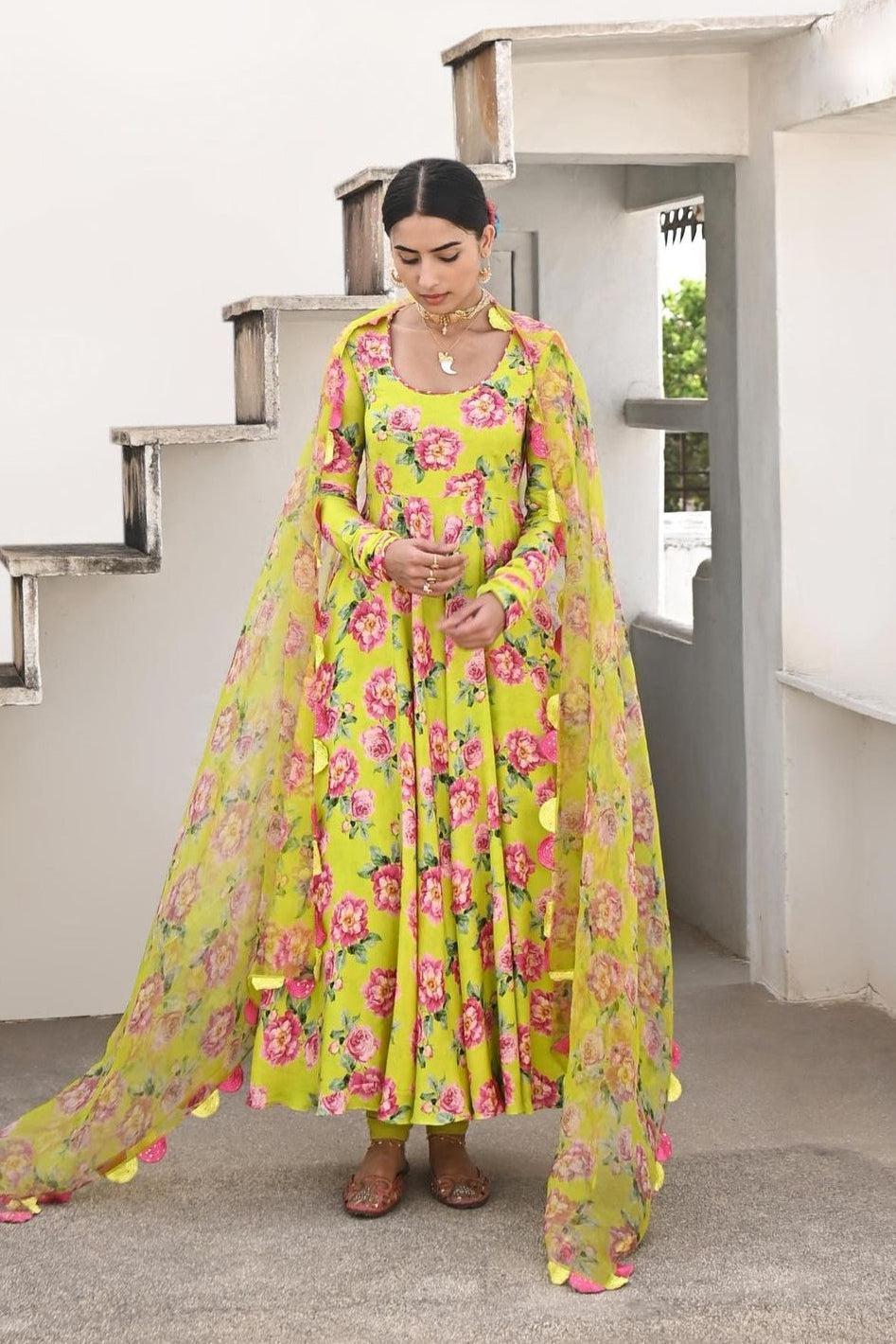 Yellow-Pink Georgette Floral Umbrella Suit