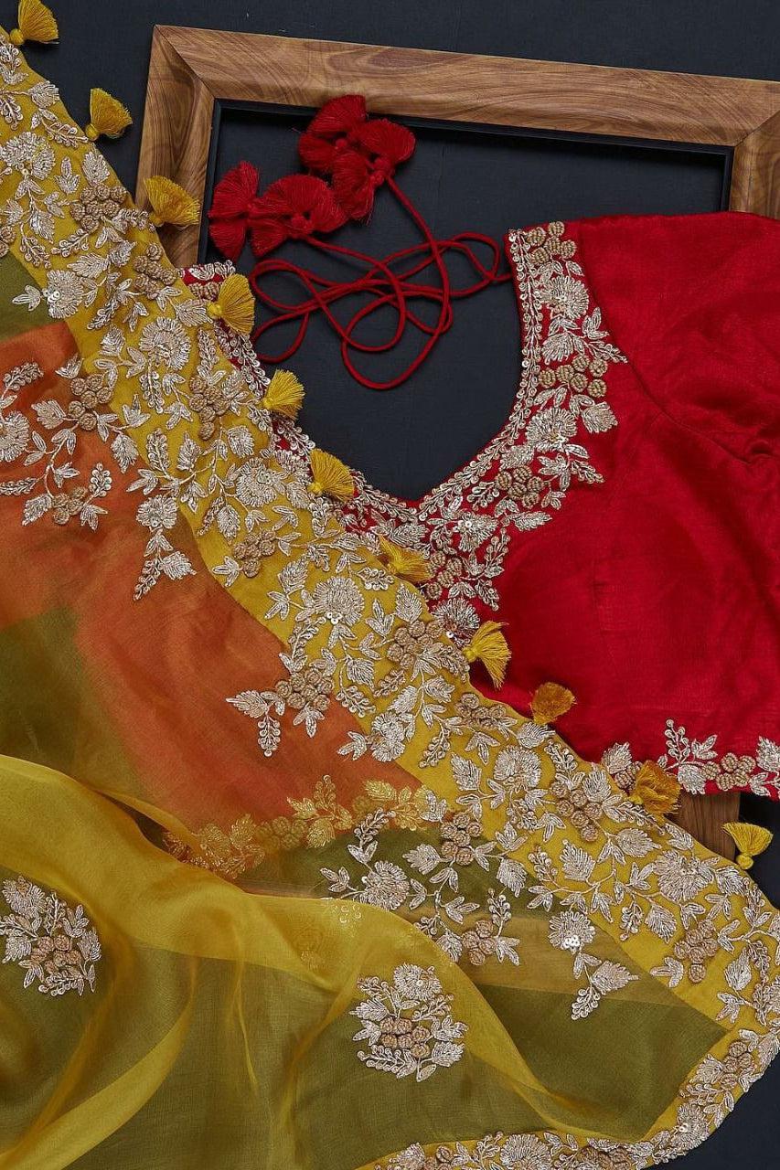 Yellow-Red Organza Embroidered Saree